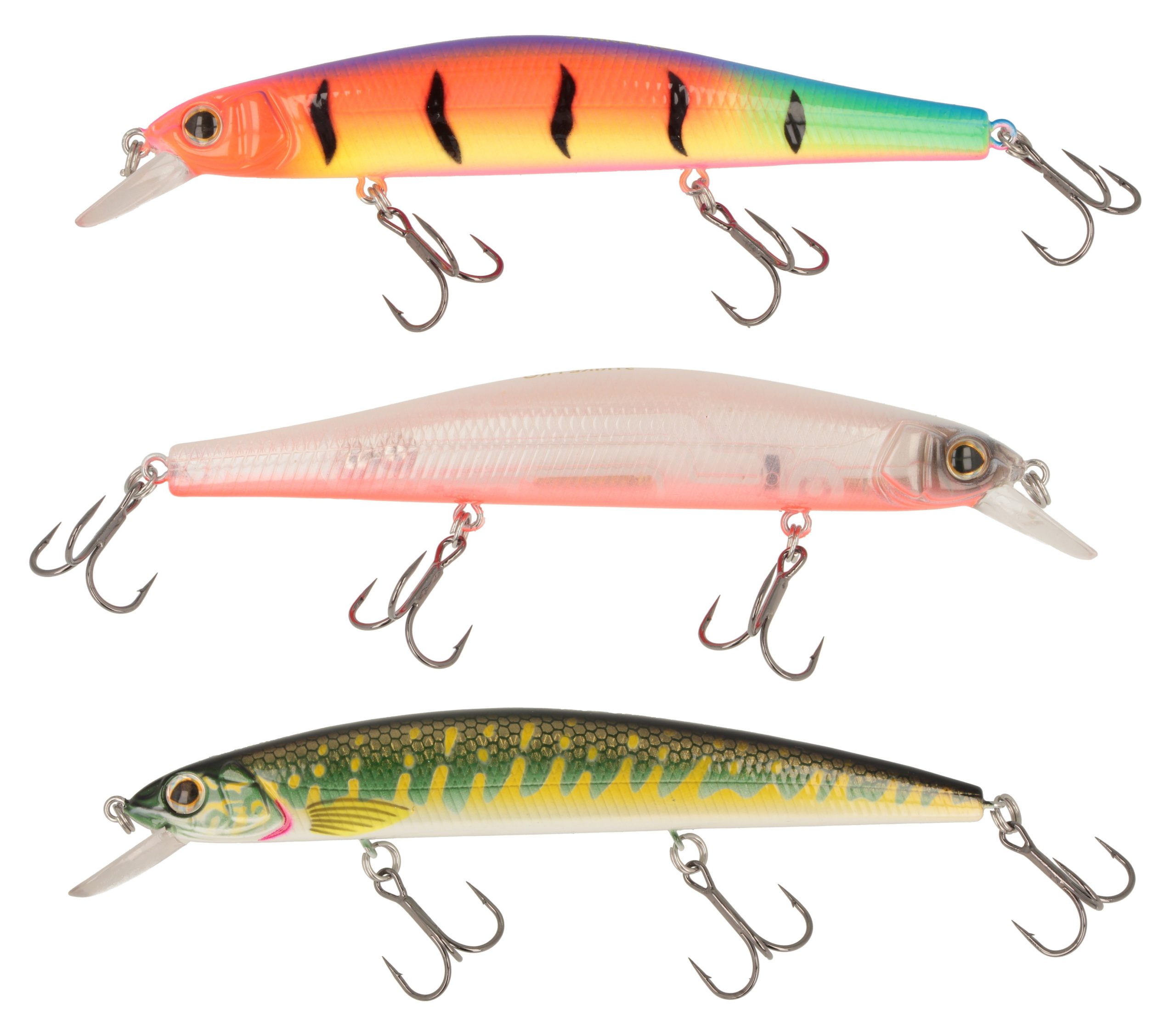 Different colored crankbaits isolated on a white background.