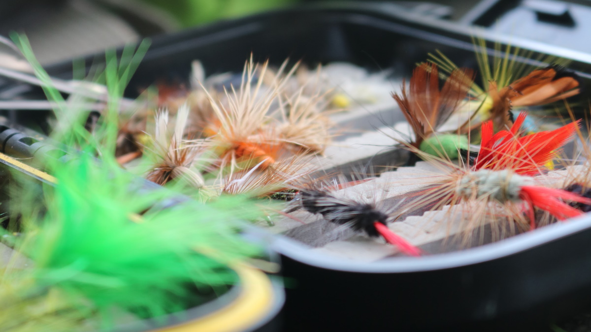 Black and plastic tackle box with fly lures sitting on a wooden table.