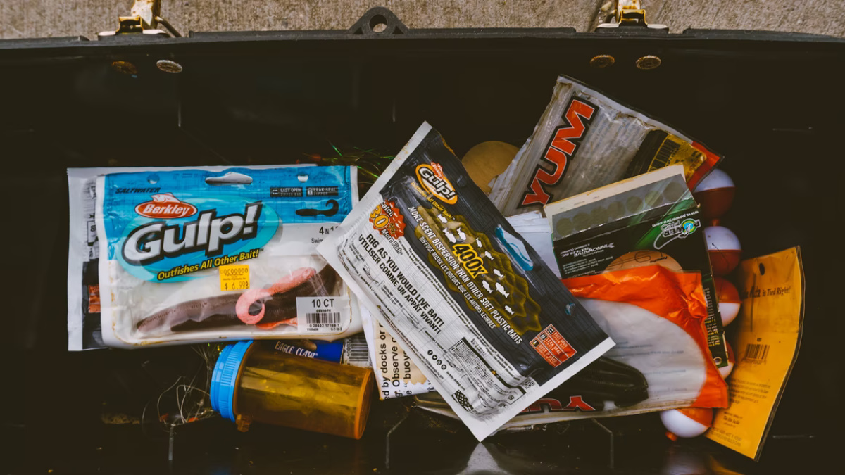Soft plastic fishing lures in the trunk of a car.