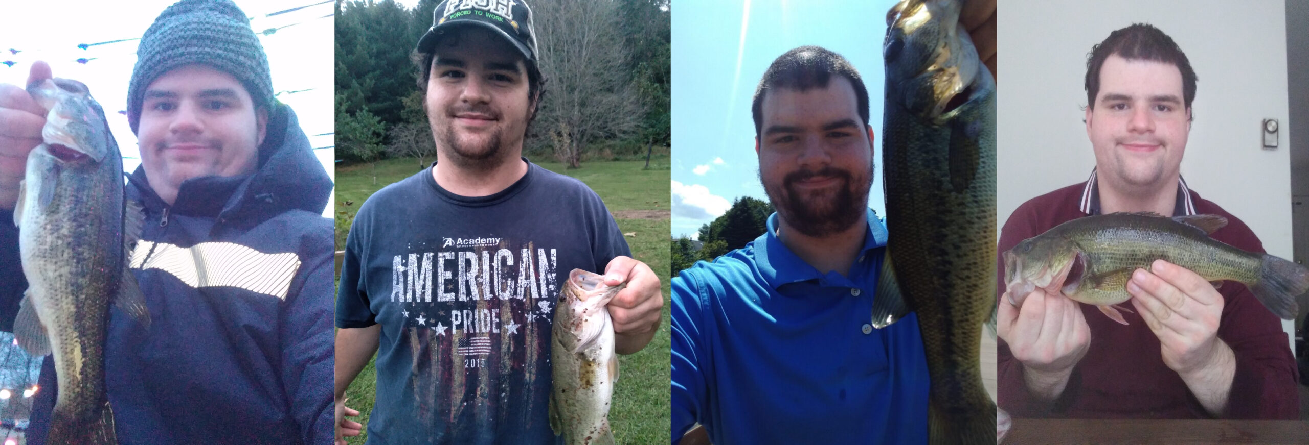 Different pictures of David Moore holding largemouth bass on different backgrounds.