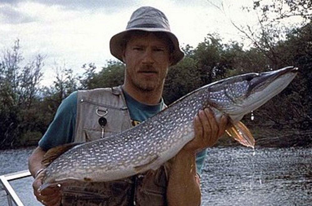 Man holding a northern pike after catching it.