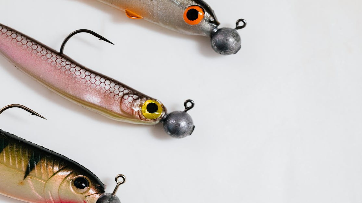 Minnow colored soft plastic fishing lures with jigheads laying on a table.