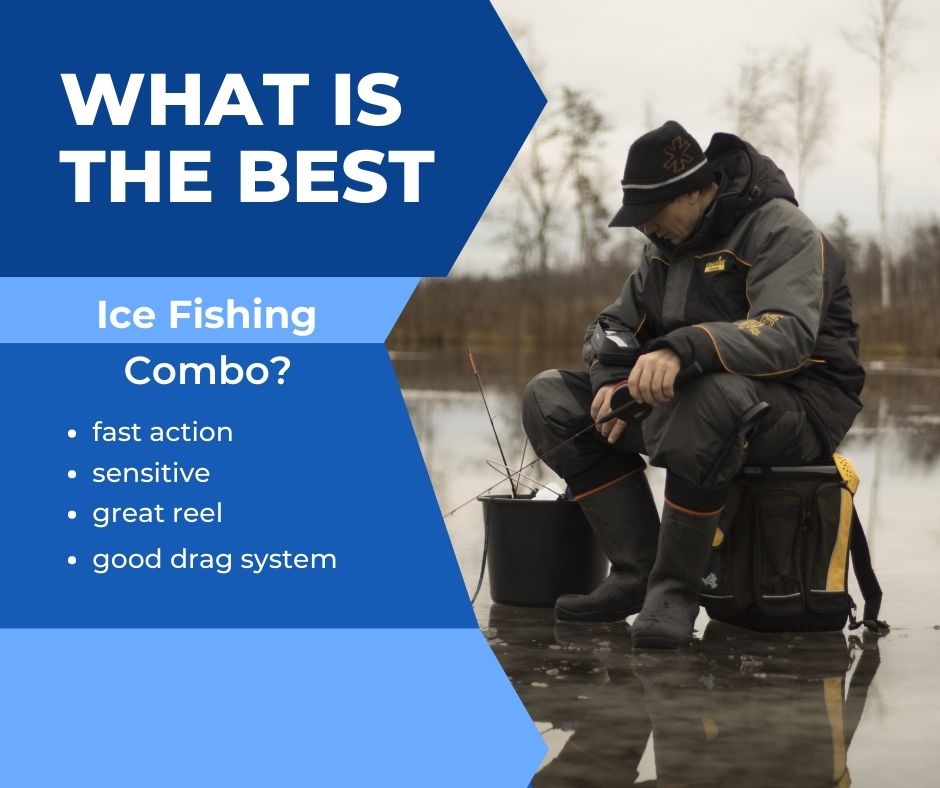 Man with an ice fishing rod and reel combo on a frozen lake.